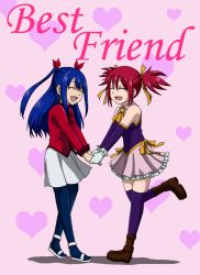 Rule 34 | 2girls, :d, bad id, bad pixiv id, blue hair, bluesnowcat, closed eyes, fairy tail, gloves, holding hands, multiple girls, open mouth, pantyhose, red hair, sheria blendy, skirt, smile, thighhighs, twintails, two side up, wendy marvell, zettai ryouiki