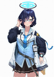 Rule 34 | 1girl, absurdres, adjusting hair, black skirt, blue-framed eyewear, blue archive, blue hair, blue jacket, blue necktie, blue sweater vest, blush, breasts, chihiro (blue archive), closed mouth, collared shirt, cowboy shot, dark blue hair, embarrassed, fanny pack, glasses, green eyes, hair ornament, hair over one eye, halo, hand up, highres, id card, jacket, lanyard, large breasts, letterman jacket, long sleeves, looking at viewer, multicolored clothes, multicolored jacket, necktie, open clothes, open jacket, pleated skirt, ponzu 0419, popped collar, rabbit hair ornament, semi-rimless eyewear, shirt, short hair, simple background, skirt, solo, sweater vest, under-rim eyewear, watch, white background, white jacket, white shirt, wristwatch