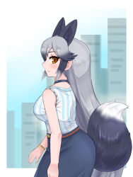 Rule 34 | 1girl, animal ears, aramaru, black choker, black hair, blue shirt, blue skirt, blush, bracelet, brown eyes, choker, cityscape, closed mouth, day, extra ears, fox ears, fox tail, from side, gradient hair, grey hair, highres, jewelry, kemono friends, kemono friends 3, long hair, looking at viewer, multicolored hair, outdoors, outside border, pencil skirt, shirt, silver fox (kemono friends), skirt, sleeveless, sleeveless shirt, smile, solo, standing, striped clothes, striped shirt, tail, vertical-striped clothes, vertical-striped shirt