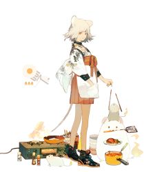 Rule 34 | 1girl, animal ears, bowl, egg, food, frying pan, full body, highres, kukka, ladle, looking at viewer, mouse (animal), mouse ears, mouse tail, orange eyes, orange ribbon, original, oven, plate, pot, ribbon, smile, spatula, stove, tail, transparent background, white hair