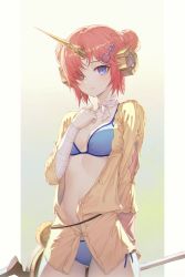 Rule 34 | 1girl, bandaged arm, bandages, bikini, blue bikini, blue eyes, breasts, choker, closed mouth, cowboy shot, double bun, fate/grand order, fate (series), frankenstein&#039;s monster (fate), frankenstein&#039;s monster (swimsuit saber) (fate), frankenstein&#039;s monster (swimsuit saber) (second ascension) (fate), gluteal fold, gradient background, hair bun, hair ornament, hand up, hiera12, horns, jacket, looking at viewer, medium breasts, open clothes, open jacket, red hair, short hair, side-tie bikini bottom, single horn, solo, standing, stomach, swimsuit, swimsuit cover-up, yellow jacket