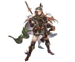 Rule 34 | 10s, 1boy, belt, boots, brown eyes, brown hair, cape, dagger, feathers, fingerless gloves, full body, gloves, granblue fantasy, hat, knife, long hair, male focus, minaba hideo, scar, solo, transparent background, walder, weapon