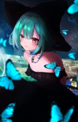 Rule 34 | 1girl, :d, absurdres, alternate costume, arms behind back, bare shoulders, black dress, black hat, blue hair, blush, bug, butterfly, city lights, dress, flat chest, gradient hair, green hair, halloween, hat, highres, hololive, insect, leaning forward, looking at viewer, medium hair, multicolored hair, off-shoulder dress, off shoulder, open mouth, parted lips, red eyes, smile, solo, sui. (suikun), uruha rushia, virtual youtuber, witch, witch hat