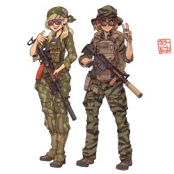 Rule 34 | 2girls, :d, absurdres, ak-74, akm, akms, assault rifle, backpack, bag, blonde hair, blue eyes, boots, brown-tinted eyewear, brown eyes, brown gloves, brown hair, camouflage, camouflage headwear, camouflage jacket, camouflage pants, camouflage shirt, earrings, full body, gloves, gun, hat, highres, holding, holding gun, holding weapon, jacket, jewelry, kalashnikov rifle, long hair, m16, m16a1, military, military hat, military uniform, multiple girls, open mouth, original, pants, rifle, shirt, short hair, simple background, sleeves rolled up, smile, striped clothes, striped shirt, sunglasses, tactical clothes, teeth, telnyashka, tinted eyewear, uniform, v, vest, weapon, white background, willy pete