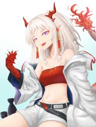 Rule 34 | 1girl, :d, absurdres, arknights, bandeau, bare shoulders, belt, black belt, blue background, braid, breasts, character name, chili pepper, chinese commentary, commentary request, fangs, food, gradient background, hand up, highres, holding, holding food, horns, jacket, long hair, long sleeves, looking at viewer, medium breasts, nian (arknights), off shoulder, open clothes, open jacket, open mouth, pointy ears, purple eyes, short shorts, shorts, silver hair, smile, solo, strapless, tongue, tongue out, tube top, twin braids, white background, white jacket, white shorts, wuqi wupenguin