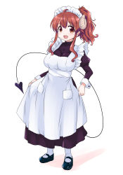 Rule 34 | 1girl, :d, breasts, brown eyes, brown hair, commentary request, curled horns, demon tail, fang, full body, horns, large breasts, long hair, long sleeves, machikado mazoku, maid, maid day, maid headdress, mukaibi aoi, open mouth, ponytail, sidelocks, simple background, skirt hold, smile, solo, standing, tail, white background, yoshida yuuko (machikado mazoku)