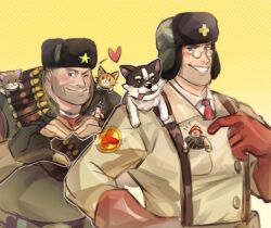 Rule 34 | 2boys, animal, animal on shoulder, bara, cat, cat on shoulder, character request, dog on shoulder, glasses, gloves, grin, heart, heart hands, heavy (tf2), jacket, looking at viewer, male focus, mature male, medic (tf2), military jacket, military uniform, mini person, miniboy, multiple boys, muscular, muscular male, red gloves, red heavy (tf2), red medic (tf2), round eyewear, sdz (inazuma), shell casing, smile, soldier (tf2), suspenders, team fortress 2, thick eyebrows, uniform, upper body