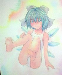 Rule 34 | 1girl, alternate costume, arm support, bare shoulders, barefoot, blue eyes, blue hair, bow, cirno, collarbone, crotch, feet, full body, hair bow, hand on own knee, highres, ice, ice wings, knees together feet apart, legs up, looking at viewer, matching hair/eyes, one-piece swimsuit, painting (medium), rainbow background, short hair, sitting, soles, solo, swimsuit, toes, touhou, traditional media, watercolor (medium), white one-piece swimsuit, wings, yuyu (00365676)