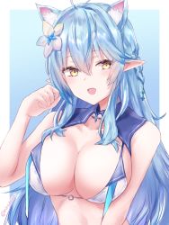 Rule 34 | 1girl, animal ear fluff, animal ears, bare shoulders, blue hair, blush, breasts, cat ears, cleavage, extra ears, fang, flower, hair flower, hair ornament, half updo, highres, hololive, kousi sirazawa, large breasts, long hair, open mouth, paw pose, pointy ears, solo, upper body, virtual youtuber, yellow eyes, yukihana lamy