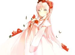 Rule 34 | 1girl, braid, flower, grey eyes, hair flower, hair ornament, hanbok, hand on own chest, korean clothes, leaf, long hair, looking at viewer, lpip, one side up, original, pink hair, plant, simple background, solo, very long hair, white background