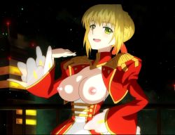Rule 34 | 1girl, absurdres, blonde hair, covered erect nipples, exhibitionism, fate/extra, fate (series), green eyes, highres, nero claudius (fate), nero claudius (fate) (all), nero claudius (fate/extra), nipples, nude filter, open clothes, open mouth, outdoors, public indecency, smile, standing, third-party edit, topless, uncensored, uniform, upper body