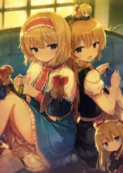 Rule 34 | 6+girls, alice margatroid, apron, back-to-back, bad id, bad pixiv id, between fingers, blonde hair, bloomers, blue dress, blue eyes, blunt bangs, blush, book, bow, braid, capelet, commentary request, couch, dress, frilled dress, frilled hairband, frills, hair between eyes, hair bow, hairband, headband, holding, holding needle, indoors, kirisame marisa, knees up, lolita hairband, long hair, looking at another, looking at viewer, multiple girls, needle, no headwear, open book, open mouth, petticoat, puffy short sleeves, puffy sleeves, red bow, red hairband, red headband, red neckwear, sewing, sewing needle, shanghai doll, shnva, short hair, short sleeves, single braid, sitting, thighs, touhou, underwear, waist apron, white apron, white bloomers, white capelet, window, wrist cuffs, yellow eyes
