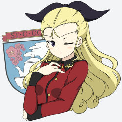 Rule 34 | 1girl, ;), assam (girls und panzer), black ribbon, blonde hair, blue eyes, closed mouth, commentary, cropped torso, emblem, epaulettes, girls und panzer, grey background, hair pulled back, hair ribbon, hand on own chest, ichinose jun, insignia, jacket, long hair, long sleeves, looking at viewer, military, military uniform, one eye closed, red jacket, ribbon, simple background, smile, solo, st. gloriana&#039;s (emblem), st. gloriana&#039;s military uniform, uniform, upper body