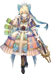 Rule 34 | 1girl, arrow (projectile), azu-taro, blonde hair, blue bow, boots, bow, bowgun, brown footwear, dress, full body, gloves, green eyes, hair bow, hand in own hair, high heel boots, high heels, holding, holding bowgun, holding weapon, long hair, looking at viewer, official art, oshiro project:re, oshiro project:re, palais de fontainebleau (oshiro project), quiver, solo, tiara, transparent background, weapon, white gloves