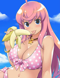 Rule 34 | 1girl, :p, ahoge, banana, bikini, blue eyes, blush, breasts, cleavage, dokitto! bikini-pai, food, front-tie top, fruit, jewelry, large breasts, long hair, looking at viewer, mizusawa hanon, navel, necklace, pink hair, polka dot, polka dot bikini, polka dot swimsuit, side-tie bikini bottom, smile, solo, star (symbol), swimsuit, tongue, tongue out, youkan