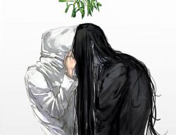 1boy 1girl black_hair black_kimono christmas gradient_background heroine_(homicipher) hetero homicipher hood hood_up japanese_clothes kimono kiss long_hair mistletoe mr._crawling raincoat simple_background upper_body very_long_hair white_background white_raincoat yangyi63472