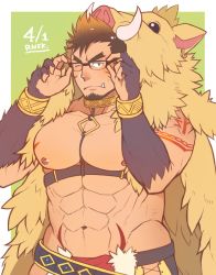 Rule 34 | 1boy, abs, animal costume, animal hood, bara, bare pectorals, beard, belt, biceps, blue eyes, boar hood, body fur, brown hair, chest harness, collar, facial hair, fang, glasses, gloves, gullinbursti (housamo), hands on eyewear, harness, hat, hood, large pectorals, leather, long sideburns, looking at viewer, male focus, muscular, nipples, open clothes, pectorals, rensuke akatsuki, sideburns, simple background, solo, tokyo houkago summoners, topless male