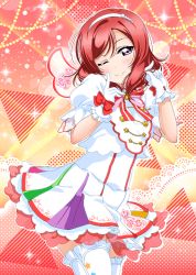 Rule 34 | 1girl, ;), artist name, artist request, blush, bow, bow gloves, bowtie, breasts, dress, fake wings, female focus, frilled dress, frills, gloves, hair between eyes, hairband, hairbraid, looking at viewer, love live!, love live! school idol festival, love live! school idol project, nishikino maki, one eye closed, parted lips, playing with own hair, purple eyes, red bow, red hair, short hair, skirt, smile, solo, star (symbol), star print, white gloves, white hairband, white legwear, white skirt, white wings, wings