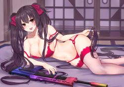 Rule 34 | 1girl, assault rifle, bare shoulders, black hair, blue nails, blush, bra, bra strap, breasts, brown eyes, cleavage, collarbone, girls&#039; frontline, gun, hair between eyes, hair ribbon, hand in own hair, hand on weapon, large breasts, long hair, looking at viewer, lying, nail polish, navel, on side, open mouth, panties, popoman, purple ribbon, qbz-97, red bra, red panties, ribbon, rifle, smile, solo, thighhighs, tongue, tongue out, twintails, type 97 (girls&#039; frontline), underwear, very long hair, weapon