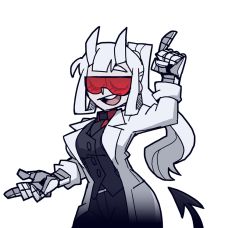 Rule 34 | 1girl, arm up, belt, black jacket, black necktie, black pants, breasts, buttons, closed eyes, coat, collared shirt, cowboy shot, demon girl, demon tail, female focus, formal, goggles, hair rings, hand up, happy, helltaker, horns, index finger raised, jacket, lab coat, long hair, long sleeves, loremaster (helltaker), mechanical arms, medium breasts, necktie, official art, open clothes, open coat, open mouth, pants, pocket, ponytail, prosthesis, red-tinted eyewear, red-tinted glasses, red shirt, rimless eyewear, shirt, sidelocks, simple background, sleeves rolled up, smile, solo, standing, suit, sunglasses, tail, teeth, tinted eyewear, transparent background, vanripper, visor, white coat, white hair