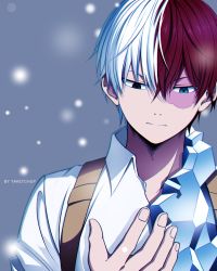 Rule 34 | 1boy, absurdres, artist name, blue eyes, boku no hero academia, burn scar, closed mouth, collarbone, collared shirt, commentary, grey eyes, hair between eyes, heterochromia, highres, ice, looking down, male focus, multicolored hair, official alternate costume, red hair, scar, shirt, solo, todoroki shouto, two-tone hair, upper body, white hair, white shirt, yaketchup