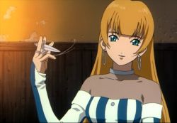 Rule 34 | 00s, 1girl, animated, animated gif, blonde hair, blue eyes, detached sleeves, dress, earrings, female focus, hoop earrings, jewelry, knife, long hair, looking at viewer, neck ring, ratchet altair, ring, sakura taisen, sakura taisen movie, sakura taisen v, shirt, smile, solo, striped clothes, striped dress, striped shirt, talking, weapon