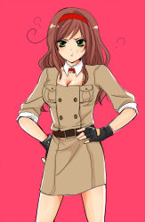 Rule 34 | 1girl, :t, ahoge, alternate hair length, alternate hairstyle, annoyed, axis powers hetalia, belt, black gloves, blush, bow, bowtie, breasts, brown hair, cleavage, collar, detached collar, dress, fingerless gloves, frown, genderswap, genderswap (mtf), gloves, green eyes, hairband, hands on own hips, high heels, large breasts, long hair, military, military uniform, miniskirt, moka (moeko013), pencil skirt, pink background, pout, shoes, simple background, skirt, sleeves rolled up, solo, southern italy (hetalia), swept bangs, uniform, wavy hair
