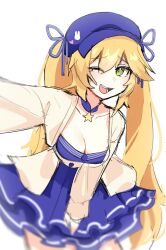 Rule 34 | 1girl, blonde hair, blue dress, blue hat, blurry, breasts, cabbie hat, choker, cleavage, collarbone, depth of field, dokibird (vtuber), dress, green eyes, hat, highres, indie virtual youtuber, jacket, layered skirt, leaning forward, long sleeves, looking at viewer, medium breasts, nyaivie, one eye closed, open clothes, open jacket, open mouth, selfie, simple background, sketch, skirt, smile, solo, star (symbol), star choker, twintails, virtual youtuber, white background