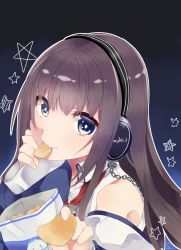 Rule 34 | 1girl, absurdres, azur lane, black hair, chips (food), commentary request, feeding, food, grey eyes, headphones, highres, imomushi (iimomushii), incoming food, long hair, long island (azur lane), looking at viewer, mouth hold, potato chips, pov, remodel (azur lane), shaft look, simple background, smile, snack, solo, star (symbol), starry background