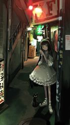 Rule 34 | 1girl, alley, bayashiko, black cat, black hair, bow, box, cat, closed mouth, commentary request, copyright request, dress, green eyes, grey dress, hair bow, highres, lamp, long hair, looking at viewer, night, outdoors, own hands clasped, own hands together, shoes, sign, smile, solo, stairs, standing, white footwear