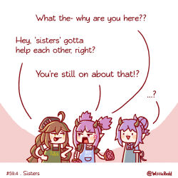 Rule 34 | ...?, 1koma, 3girls, ahoge, apron, arknights, black shirt, blue apron, brown hair, chibi, comic, commentary, cuora (arknights), english commentary, english text, green apron, hat, hibiscus (arknights), highres, horns, lava (arknights), long hair, long sleeves, multiple girls, necktie, open mouth, pointy ears, ponytail, purple eyes, purple hair, shirt, smile, tail, twitter username, wittle red