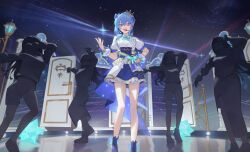 Rule 34 | :d, absurdres, aqua bow, blue eyes, blue footwear, blue hair, blue nails, blue skirt, bow, brooch, dancing, door, earphones, eyeliner, frilled skirt, frills, green bow, highres, hololive, hoshimachi suisei, idol, jewelry, lamppost, laser, looking at viewer, lser116, music, open mouth, people, puffy sleeves, red eyeliner, shirt, short sleeves, side ponytail, sidelocks, singing, skirt, smile, stage, stage lights, standing, thighs, vest, virtual youtuber, waist cape, white shirt, white vest, wrist cuffs
