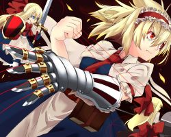 Rule 34 | 3girls, alice margatroid, black background, blonde hair, blue eyes, doll, female focus, gauntlets, hairband, kotomuke fuurin, multiple girls, red eyes, shanghai doll, short hair, solo, standing, touhou