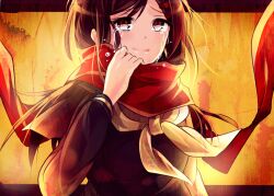 Rule 34 | 1girl, black serafuku, brown eyes, brown hair, closed mouth, commentary, crying, crying with eyes open, enpera, false smile, floating scarf, hair ornament, hairclip, kagerou project, kawaii2penguin, letterboxed, long sleeves, looking at viewer, mekakucity actors, neckerchief, orange background, red scarf, scarf, scarf grab, school uniform, serafuku, sleeve cuffs, smile, solo, tateyama ayano, teardrop, tears, upper body, white neckerchief, wind