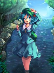Rule 34 | 1girl, backpack, bad id, bad pixiv id, bag, blue eyes, blue hair, blue sky, cloud, day, furapechi, grass, hair bobbles, hair ornament, hat, kawashiro nitori, key, long sleeves, matching hair/eyes, open mouth, outdoors, river, short hair, skirt, skirt set, sky, smile, solo, touhou, tree, twintails, two side up, water, wrench