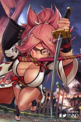 Rule 34 | 1girl, amputee, baiken, big hair, black kimono, breasts, cleavage, commentary, english commentary, eyepatch, facial tattoo, guilty gear, guilty gear xrd, hair ribbon, holding, holding sword, holding weapon, hybridmink, japanese clothes, kataginu, katana, kimono, large breasts, long hair, looking at viewer, mouth hold, multicolored clothes, multicolored kimono, no bra, obi, one-eyed, open clothes, open kimono, pink eyes, pink hair, ponytail, reverse grip, ribbon, running, samurai, sandals, sash, scar, scar across eye, scar on face, solo, sword, tattoo, thighs, toes, torn sleeve, weapon, white kimono