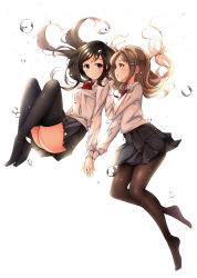 Rule 34 | 2girls, absurdres, black hair, black skirt, blush, bow, bowtie, breasts, brown eyes, brown hair, bubble, hair ornament, hairclip, hand on another&#039;s shoulder, highres, holding hands, jk-ff, long hair, long sleeves, looking at viewer, medium breasts, multiple girls, open mouth, panties, pink panties, school uniform, shirt, skirt, smile, swimming, thighhighs, underwater, underwear, white background, white shirt, yuri