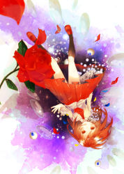 1girl bad_id bad_pixiv_id brown_hair bubble dress eyeball falling female_focus flower funota highres ib_(ib) ib_(kouri) open_mouth red_eyes red_flower red_rose rose solo