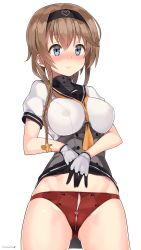 Rule 34 | 10s, 1girl, ass, black gloves, blue eyes, blush, braid, breasts, brown hair, buttons, clothes lift, clothes writing, covered erect nipples, gloves, gluteal fold, hachimaki, hair ornament, hairband, headband, heart, heart-shaped lock, heart lock (kantai collection), highres, kantai collection, kuro chairo no neko, large breasts, long hair, miniskirt, multicolored clothes, multicolored gloves, neckerchief, panties, propeller hair ornament, red panties, school uniform, serafuku, short sleeves, simple background, skirt, skirt lift, smile, solo, teruzuki (kancolle), thigh gap, thighs, twin braids, twitter username, underwear, white background, white gloves, zipper