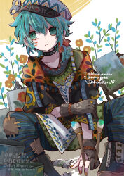 Rule 34 | 1boy, aqua eyes, artist name, bloomminority, blue hair, choker, facing viewer, fantasy, floral background, flower, gloves, hat, highres, looking to the side, male focus, nail polish, original, red flower, short hair, solo, steampunk, twitter username, white background