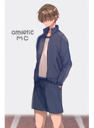 Rule 34 | 1boy, brown hair, commentary, covered eyes, cowboy shot, doki doki literature club, english text, grey background, gym uniform, hair over eyes, hand in pocket, jacket, long sleeves, male focus, open clothes, open jacket, protagonist (doki doki literature club), shorts, simple background, solo, sora (efr), track jacket