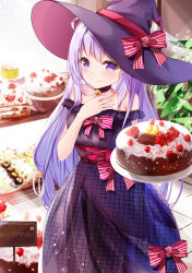 Rule 34 | 1girl, ahoge, bakery, black choker, blush, bow, breasts, cake, choker, closed mouth, commentary request, dress, food, fruit, hand on own chest, happy birthday, hat, hat bow, highres, holding, holding food, indoors, leaf, long hair, looking at viewer, mutang, off-shoulder dress, off shoulder, original, purple dress, purple eyes, purple hat, red bow, shop, smile, solo, standing, strawberry, striped, striped bow, underbust, very long hair, witch hat