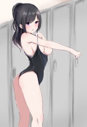 Rule 34 | 1girl, arched back, armpits, ass, baretto (karasi07), bikini, black bikini, black hair, black one-piece swimsuit, blue eyes, blurry, blush, breasts, breasts out, clothes pull, competition school swimsuit, copyright request, depth of field, from side, highres, kneepits, large breasts, locker, locker room, long hair, looking at viewer, looking back, mole, mole under mouth, one-piece swimsuit, one-piece swimsuit pull, parted bangs, ponytail, school swimsuit, solo, swept bangs, swimsuit, thighs, undressing