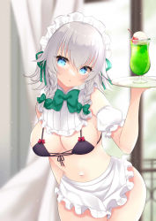 Rule 34 | 1girl, apron, aqua eyes, bare shoulders, bikini, black bikini, blue eyes, blush, bow, bow bikini, bowtie, braid, breasts, cleavage, commentary request, contrapposto, cowboy shot, eyelashes, green bow, green bowtie, grey hair, hair between eyes, hair bow, holding, holding tray, indoors, izayoi sakuya, large breasts, looking at viewer, maid, maid apron, maid headdress, medium hair, navel, red bow, sidelocks, solo, standing, stomach, swimsuit, thighs, tosakaoil, touhou, tray, tropical drink, twin braids, waist apron, white apron