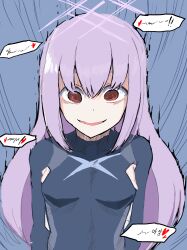 Rule 34 | 1girl, @ @, absurdres, atsuko (blue archive), blue archive, breasts, halo, highres, hoejang, korean text, leotard, long hair, medium breasts, purple hair, simple background, solo, straight hair, white background, yandere