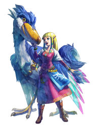 Rule 34 | 1girl, absurdres, belly chain, bird, blonde hair, blue eyes, boots, bracelet, chain belt, dress, hair ornament, hair ribbon, highres, jewelry, loftwing, long hair, nintendo, official art, open mouth, pink dress, pointy ears, princess zelda, ribbon, sash, shawl, simple background, smile, the legend of zelda, the legend of zelda: skyward sword