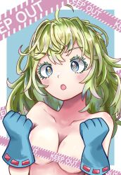 Rule 34 | 1girl, :o, ahoge, blue eyes, blue gloves, blush, boku no hero academia, breasts, caution tape, colored eyelashes, commentary request, gloves, green hair, hagakure tooru, hands up, highres, keep out, long hair, medium breasts, messy hair, nude, open mouth, solo, tefutefufu, upper body