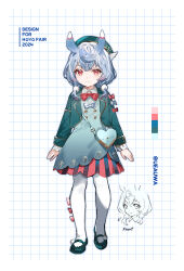 Rule 34 | 1girl, antennae, aqua dress, arms at sides, bag, beret, blue hair, bow, bowtie, character sheet, closed mouth, color guide, dress, english text, frilled sleeves, frills, full body, genshin impact, gold trim, green footwear, green hat, green jacket, hair between eyes, hair ornament, hat, heart, heart-shaped bag, heart print, highres, jacket, lapels, light blue hair, long sleeves, looking at viewer, low twintails, mary janes, medium hair, multiple views, notched lapels, pantyhose, peter pan collar, pink bow, pink bowtie, pom pom (clothes), pom pom hair ornament, red eyes, shoes, shoulder bag, sigewinne (genshin impact), sleeve bow, smile, solo, standing, straight-on, striped clothes, striped dress, twintails, twitter username, ueauwa, white background, white bow, white pantyhose
