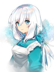 Rule 34 | 1girl, apron, bad id, bad twitter id, blue eyes, blue shirt, dress shirt, floating hair, hair between eyes, highres, kamiowl, long hair, looking at viewer, original, ponytail, shirt, silver hair, simple background, smile, solo, upper body, very long hair, white apron, white background