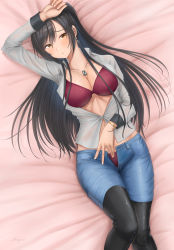 Rule 34 | 1girl, black hair, boots, bra, bracelet, breasts, cleavage, collared shirt, denim, dog tags, dress shirt, earrings, hair between eyes, hand on own head, high ponytail, highres, idolmaster, idolmaster shiny colors, jewelry, large breasts, leather, leather boots, long hair, midriff, open clothes, open fly, open shirt, panties, ponytail, red bra, red panties, shirase sakuya, shirt, shorts, shougun (chuckni1), unbuttoned, unbuttoned shirt, underwear, yellow eyes